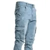 Mäns jeans män byxor tvättar gamla fasta multi fickor denim byxa mitten av midja last jean manlig slim fahsion casual byxor s-4xl 240103