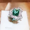 Anneaux de cluster Imitation Emerald Tourmaline Full Diamond Princess Square Ouverture Bague pour femmes 925 Bijoux en argent Cadeau d'anniversaire de mariage