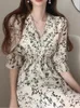 ドレスシフォンサマードレス女性ビンテージ韓国ファッション服スリムエラスティックウエストvネックエレガントオフィスレディフローラルシックレトロ