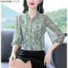 Kvinnor Bluses Green Floral Chiffon Shirt vårens Autumn Summer Mother Blus Beautiful Seven Points Sleeve Tops Fine Elegant