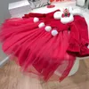 Girl Dresses 2024 Latest Style Children's Wear Girls' Winter Warm Long Sleeved Red Spliced Mesh Corduroy Skirt JF1478