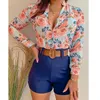 Chándales para mujer, pantalones cortos, trajes de verano con estampado floral, camisa de manga larga con botones, blusa, conjuntos elegantes a juego, conjunto de 2 piezas con cinturón