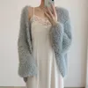 Luxury Vneck Mink Cashmere Knit Cardigan Mohair Crochetes Sweater Coat Casual Lantern Sleeve Tops Jersey Mujer Sueters de 240103