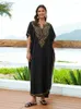 Women's Swimwear EDOLYNSA Golden Embroidered Bohemian Black Robe Kaftan Oversized Holiday House Dress Bathing Suit Cover Up Outfit Caftan