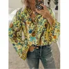 CINESSD Vrouwen Print Blouses Casual Losse Tops Stand V-hals Lange Mouwen Knop Plus Size Trui Vrouwelijke Tee Shirts blouse 240102