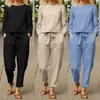 Bomullslinne Blus Långa byxor med Pocket Crew Neck Women Lounge Byxor Set Solid Colic Elastic Midje Dagliga kläder 240102