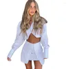 Work Dresses Adogirl White Two Piece Skirt Set Women Long Sleeve Buttons Shirt Crop Tops High Waist Mini Dress Suits Female Autumn Clothes