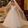 white Pearls Beading Ball Gown Short Sleeves Flower Girl Dresses For Wedding2023 Princess Lace Appliques First Communion Gowns