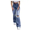 Jeans pour femmes Femme Joli Harajuku Streetwear Taille Haute Femmes Bouton Poche Élastique Trou Pantalon Lâche Denim Pantalon