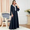 Ethnic Clothing Muslim Satin Abaya V-neck Rhinestone Woven Tape Gown Casual Eid Long Dress Split Sleeve Women Middle East Solid Maxi Robe