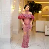 Fulllace plus size aso ebi prom klänningar dammig roshalter från axel sjöjungfrun spetspärlor illusion formella aftonklänningar eleganta födelsedagsfest klänningar middag nl258