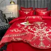 Conjuntos de cama 4 pcs luxo seda algodão conjunto de casamento bordado capa de edredão folha plana chinês vermelho casa têxtil retalhos colcha