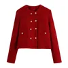 Colección mujer Vintage rojo Tweed Blazer mujer manga larga elegante chaqueta señoras Crop Blazer trajes abrigos para mujer 240102