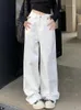 Jeans de mujer Aoaiiys Blanco para mujeres Pantalones de mezclilla Pantalones de cintura alta Streetwear Pierna ancha Borla Estilo coreano Moda Pantalones rectos