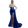 Modern High Neck Mermaid Evening Dresses Side Split Long Sleeves Royal Blue Sexy Prom Dress Illusion Lace Appliques Beaded Special Occasion Gown For Women 2024