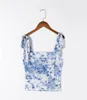 T-shirt 2021 Justera Bow Strap Blue White Floral Print Camis Women Summer Ruched Short Tank Tops Retro Cool Girl Sexig Slim Crop Top Tees