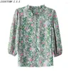 Kvinnor Bluses Green Floral Chiffon Shirt vårens Autumn Summer Mother Blus Beautiful Seven Points Sleeve Tops Fine Elegant