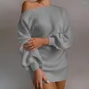 Casual Kleider Frauen Pullover Kleid Eine Schulter Über Knie Gestrickte Elastische Laterne Hülse Mini Damen Kleidung Für Dating