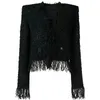 S-XL High Quality Fashion Bright Silk Woolen Tassel Lace Pocket Metal Button Women'S Jacket Coat Black 240103