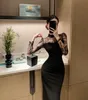 Women's stand collar lace floral perspective long sleeve patched ostrich fur sexy bodycon tunic midi long pencil dress SML