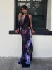 Backless Maxi Dress Women's Sexy Printed Mesh See Through BodyCon Dress Summer Beach Dress Elegant Sleeveless Club Party Dress 2023 240103