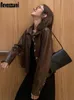 nerazzurri秋の短い茶色の特大の革のジャケット長袖ポケットスプリングライトソフトフェイクジャケット女性240103