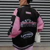 Graben Baseball Rosa Jacke Varsity Y2K Streetwear Winter Frauen Kleidung Lange Racer Patchwork Jacken Letterman Mäntel 240103