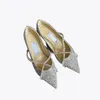Full Crystal High-heeled Shoes Sheepskin Pointed Pumps Shallow Mouth Crystal Shoe Women Flat And High Heels Shoes Classics Metal Buckle Wedding Shoes Top Quality