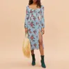 Casual Dresses for Women 2024 Elegant Vintage Floral Dress Spring Autumn Long Sleeve Sweetheart Neck Sexy Side Slit Chiffon Midi