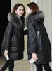 Women's Leather 2024 90% White Duck Down Real Sheepskin Jacket Women Fur Collar Hooded Coat Female Oversized J