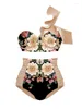 Women's Swimwear 35/5000Vintage Floral Print Fashion Lace Pleats Two-piece Design Model High-waisted Summer Bikini Set And Long Cover Up