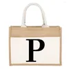 Shopping Bags Jute Handbag Linen Shoulder Sacks Women's Black Letter Print Pattern For Grocery