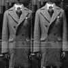 Barkly balıksırtı takım elbise erkekler gri tüvit yün karışımı çift göğüslü paltalı askeri uzun trençkot sigara içme blazer özel yapılmış