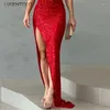 Casual Kleider Frauen Sexy Pailletten Kleid Party Spaghetti Strap V-ausschnitt Rot Schlank Trompete Elegante Dame Sleevless Split End Bankett maxi Tuch
