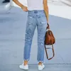 Jeans femininos angustiados meados de cintura magro ajuste mãe vintage azul denim casual streetwear roupas