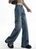 Jeans pour femmes Cargo Femmes Denim Pantalon Bleu Taille haute Streetwear Plus qu'une poche Mode Vintage Pantalon large jambe droite