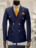 Mäns kostymer blazrar marinblå topp lapel män kostymer kommer homme dubbel bröst prom bröllop smoking brudgummen Terno masculino smal fit blazer 2 stycken Q230103