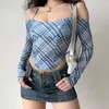 Women's T Shirts Long Sleeve T-shirt Slim-Fit Short Top Polyester Blue Plaid European Sexy Retro Printed Geometric Pattern Casual Fashion