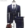 Men's Suits Blazers Men's Wedding Plaid Blue Gray Blazers Jacket Pants Vest 3 Pcs Set 2023 Slim Fit Business Tuxedo Dress Classic Formal Suits Coat Q230103