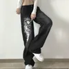 Jeans pour femmes Harajuku Print Cargo Y2K Bleu foncé Marron Taille haute Streetwear 90S Baggy Femmes Pantalon droit Pantalon en denim à jambe large