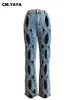 Calça Jeans Feminina CM. Mulheres vintage recorte oco para fora criss cross calças jeans retas 2024 moda ins cintura alta calças largas perna