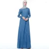 Abbigliamento etnico Ramadan Eid Abito musulmano all'ingrosso Dubai Moda Tessuto denim Abaya Maxi Abiti islamici a figura intera femminile Wy210