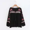 Spring Autumn Fashion Ethnic V Neck Viscose Floral Embroidery Blouse Women Long Sleeve Pullover Shirts Blouses Tops 240102