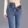 Damesbroek Dames Nauwsluitend potlood Gezellige winterjeans voor hoge taille Imitatiebontvoering Slim Fit Knoopsluiting Zachte warmte