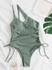 ملابس السباحة للسيدات من قطعة واحدة من ملابس السباحة 2024 الصلبة الخضراء الصلبة ثونغ كتف واحد مونوكيني بدلة السباحة البرازيلية صيف
