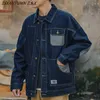 Japońska niebieska kurtka dżinsowa man retro luźne odzież wierzchnią mężczyzn dżinsy kurtka cargo kowboj Casual Windbreaker Pockets Streetwear Coats 240102