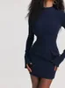 Abiti tubino sexy per le donne 2023 Autunno Solid Flare manica Pullover Midi Slim O-Collo Tasca finta femminile Elegante moda Jupe 240103