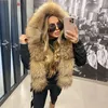 MAOMAOKONG Fashion Short Women's Real Fox Fur Coat Natural Big Raccoon Fur Collar Winter Parka Bomber Jacket Waterproof 240102