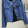 Vintage Blue Tweed Jacquard Denim Jacket Coat Women Loose Short Cowboy Outerwear Frayed O Neck Big Pocket Jeans Jacket Female 240102