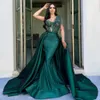 Stunning Appliqued Mermaid Prom Dresses with Detachable Train Beaded Evening Gowns Sweetheart Neckline Satin Special Ocn Formal Wear